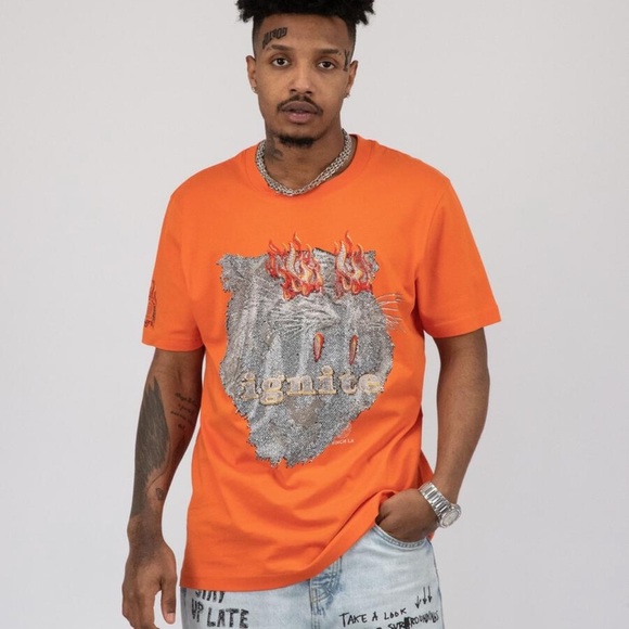 Finch LA Rhinestone Gold Chain Orange Mens Tee Shirt - Picture 1 of 2